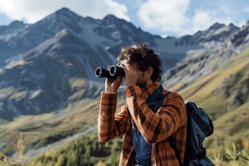 man with binoculars and camera, capturing mountain wildlife