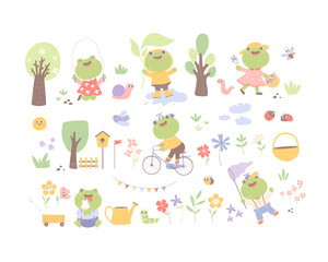 Vector collection with funny frogs, insects, and plants. Cartoon spring Illustrations isolated on a white background.