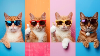 Panorama of funny pets - cat collection collection isolated on colorful background.
