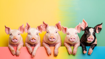Funny pet panoramas - organized collection of pig collections Isolated on colorful background.