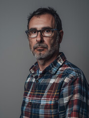Obraz premium Middle-aged man with slight beard, glasses, and plaid shirt, showing a stern look