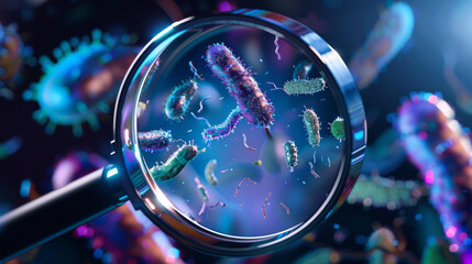 A magnifying glass reveals colorful, glowing bacteria against a dark background. - obrazy, fototapety, plakaty