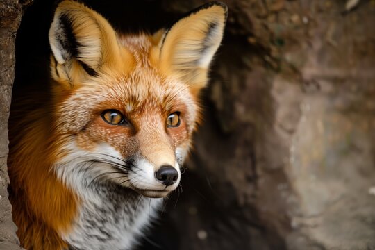 fox peeking out from a foxhole, eyes focused forward