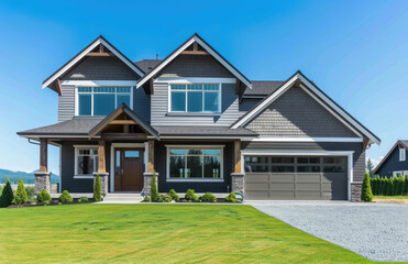 Beautiful two story luxury home in the British Columbia region of Canada, with blue sky and green grass. The house has shingle roof tiles, white windows, gray walls