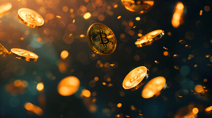 Bitcoin coins floating around in the air