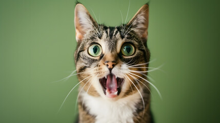 crazy surprised cat making big eyes, portraying a moment of amusing feline expression, green background