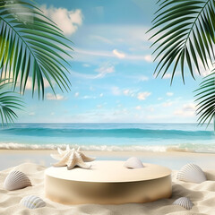 Beach podium background product summer sand display stand sea cosmetic.