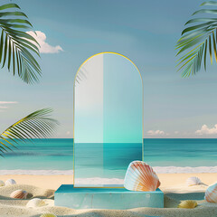 Beach podium background product summer sand display stand sea cosmetic.