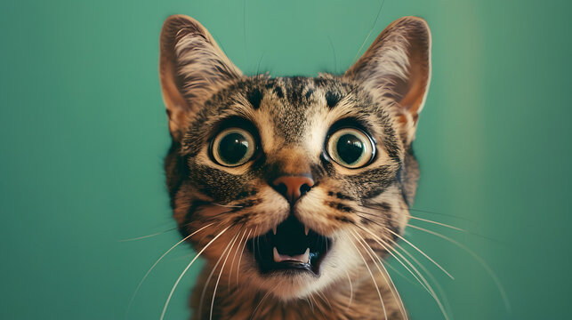 crazy surprised red color cat making big eyes, portraying a moment of amusing feline expression, green background, 