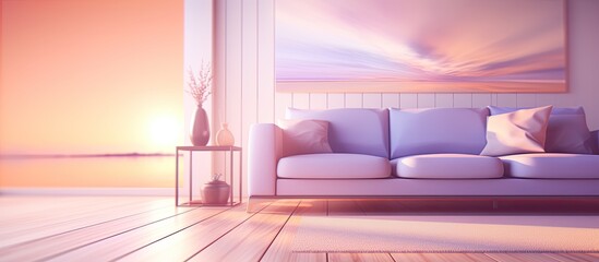 A detailed view of a couch in a living space, complemented by a piece of art hanging on the wall
