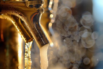closeup of frosty beer being poured from a chilled tap - obrazy, fototapety, plakaty
