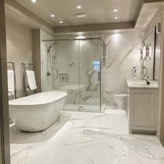 An interior shot of a contemporary bathroom with sleek marble surfaces, a freestanding tub, and well-appointed fixtures reflecting luxury and cleanliness.