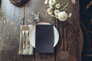 Rustic table setting with classic silverware, a navy menu card, and a vase of fresh white flowers on a vintage wood surface.