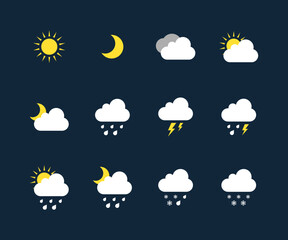 Set of forecast weather icons, flat vector design