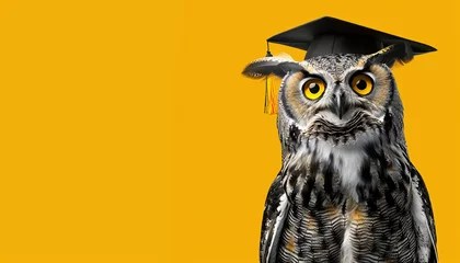 Rolgordijnen graduate owl on solid yellow background with copy space  © RJ.RJ. Wave