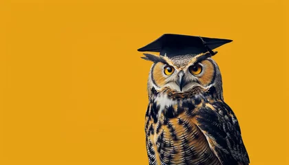 Zelfklevend Fotobehang graduate owl on solid yellow background with copy space  © RJ.RJ. Wave