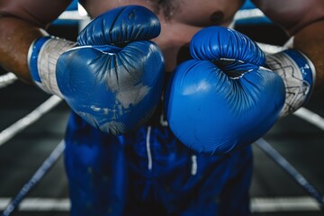 closeup of fists clenched in blue boxing gloves - obrazy, fototapety, plakaty