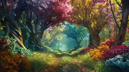 Fototapeta na wymiar A spring forest fantasy featuring wild plants and shady flowering trees.
