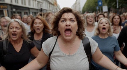 Fototapeta premium Displeased crowd of women protesting for women's rights, gender equality, to stop violence against women and supporting abortion rights. Human activism concept.