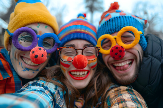 Trio caught in a selfie on fool's day, wearing jester noses and amusing glasses, roaring with laughter at a joke.