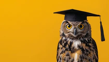 Zelfklevend Fotobehang graduate owl on solid yellow background with copy space  © RJ.RJ. Wave