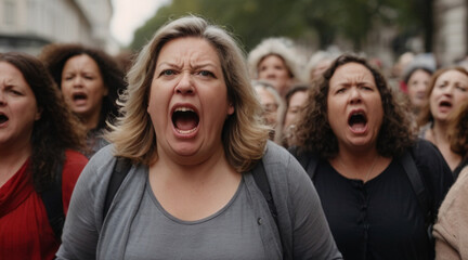 
Displeased crowd of women protesting for women's rights, gender equality, to stop violence against women and supporting abortion rights. Human activism concept.