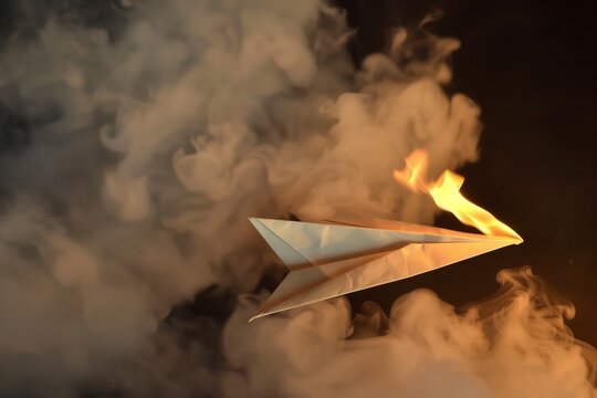paper plane ablaze tumbling through smoke