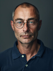 Obraz premium A middle-aged man with a neutral expression and glasses wears a dark polo shirt against a plain background
