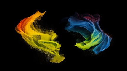 Dual plumes of vibrant, multicolored smoke twist and rise against a black backdrop, creating a stunning contrast of colors and motion