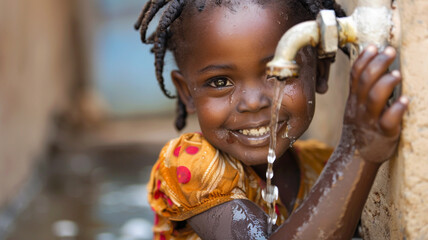 Fototapeta na wymiar Happy african child drinking water from faucet, Environmental awareness