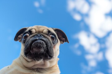 Obraz premium pug tilting its head, eyes wide, with a blue sky backdrop