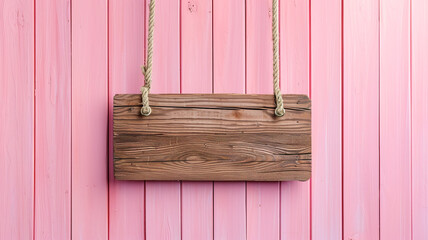 Blank wooden sign hanging on an old pink wooden door.