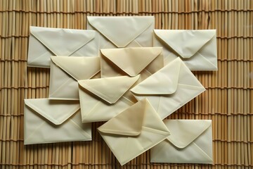 envelopes arranged in a fan shape on bamboo mat