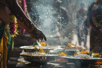 A close-up view of a person cooking food on a stove, focusing on the preparation and cooking process