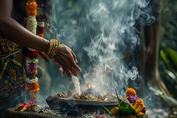 A person lighting a candle on a plate of food, showcasing a ceremonial offering or sacrifice in a religious context - obrazy, fototapety, plakaty