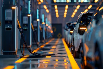 Multiple electric cars lined up at a charging station for autonomous vehicles - obrazy, fototapety, plakaty