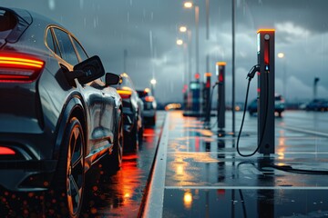 Multiple cars parked at a gas station while raining, with visible water droplets and wet surfaces - obrazy, fototapety, plakaty