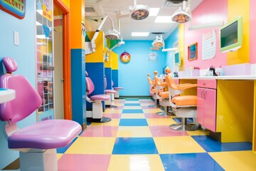A room with vibrant colors and a checkered floor, showcasing a lively and engaging environment
