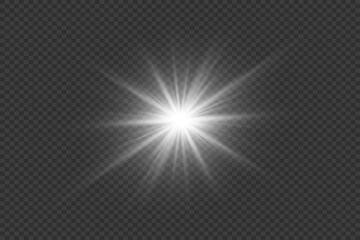 White light effect. Star flash and flare and sun rays. On a transparent background.