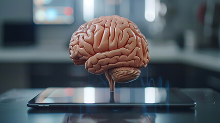 Human brain on a digital tablet Artificial intelligence concept. Generative Ai