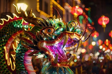A detailed view of a dragon statue standing proudly on a bustling street, showcasing intricate design and cultural significance