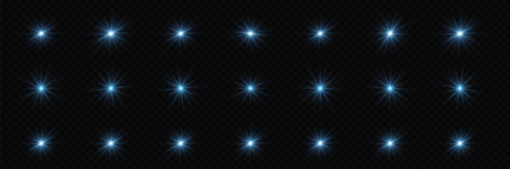 Effects of blue glowing lights, flash, star explosion. Special effect isolated on transparent background.
