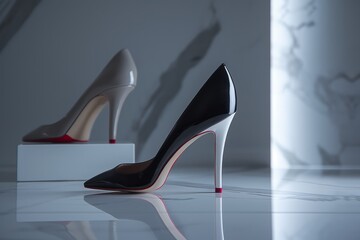 Pair of elegant high heeled shoes showcased on a clean countertop, emphasizing their craftsmanship and sophistication