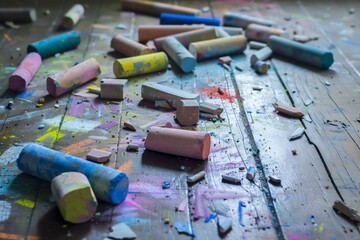 messy chalks scattered on a wooden art studio floor