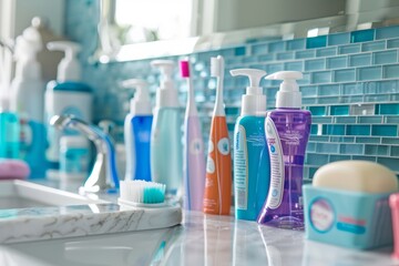 Toothbrushes, toothpaste, and other hygiene products neatly arranged on a bathroom counter - obrazy, fototapety, plakaty