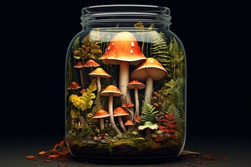 a jar with mushrooms and plants - obrazy, fototapety, plakaty