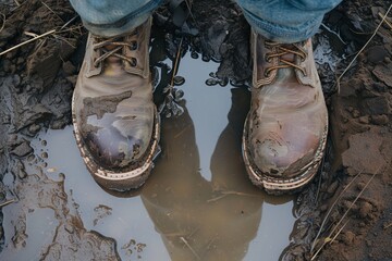 rainsoaked construction boots standing in a muddy puddle
