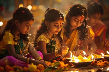 Group of girls sitting around a fire during a religious festival celebration
