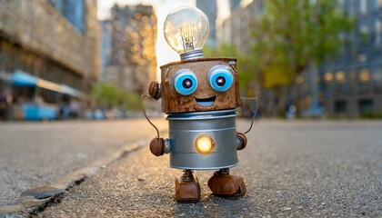 Un petit robot  rouillé en boite de conserve, ampoule et peinture bleue