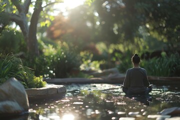 A woman calmly sits in the center of a pond, surrounded by water, focusing on meditation in a serene natural environment - obrazy, fototapety, plakaty